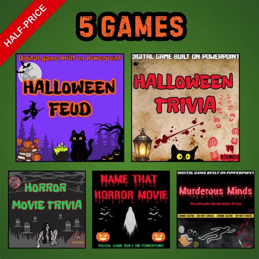 Halloween Game Bundle | 5 Interactive Powerpoint Games | Halloween Feud, Trivia, Horror Movie & Serial Killer Quiz | Halloween Party Games - Etsy