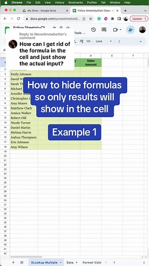 Replying to @Neverknowbetter Example 1 of how to hide formulas so only results will show in the cell in Google Sheets! #xlookup #worksmartnothard #work #googlesheetstutorial #hiddenformulas #googlesheetstips #learngooglesheets #googlesheets #gsheets #data #excel #spreadsheet #dataanalytics #revops #learnontiktok