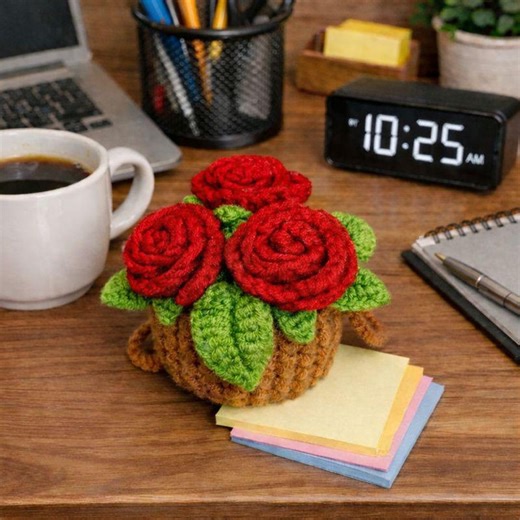 Crochet Red Rose Pot, Handmade Car & Desk Decor - Etsy