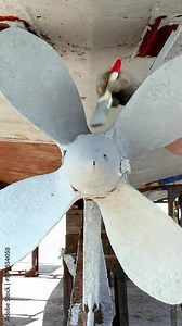 Close-up captures intricate design of main rotor as it undergoes restoration. Set in shipyard, skilled craftsmanship and attention to detail are highlighted during this transformative process. Stock Video