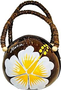Real Coconut Shell Handbag or Coin Purse with White Painted Flower