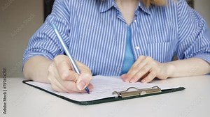 fill out documents, a woman writes on forms, employment contract, HR manager, insurance paperwork, client service