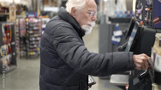 Senior man at self checkout in a large hardware store is scanning items and completing his shopping task with care and focus.