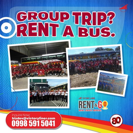 🚍 Group trip? Rent a bus na sa Victory Liner Rent & Go! Mas convenient, mas enjoy, at siguradong safe ang biyahe kasama ang buong barkada o pamilya! 💛 For bus rental inquiries, please contact 0998 591 5041 or email us at bizdev@victoryliner.com #VictoryLinerBusRental | Victory Liner, Inc.