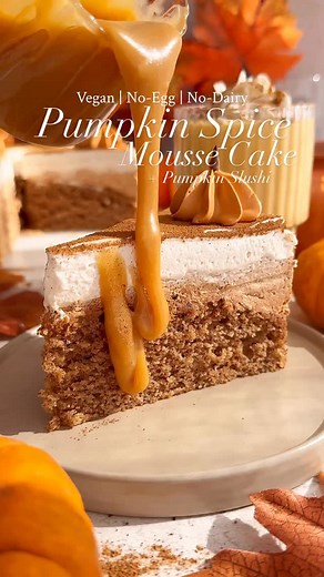Pumpkin Mousse cake🎃 COMMENT ‘PUMPKIN’ and I’ll DM you the recipe link! Follow @thelittleblogofvegan for the best vegan recipes! (Ad) Unbelievably delicious Vegan Pumpkin Mousse Cake: Spiced pumpkin sponge with pumpkin mousse cream, topped with cream pumpkins! It’s easy, delicious fully vegan! Perfect served with a drink on the side! 🎃 I made a matching Vegan Pumpkin Spice Slush in under 30 minutes in my new @ninjakitchenuk SLUSHi Frozen Drink Maker! This machine makes the most incredible slus