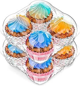 Mini Cupcake Boxes, Disposable Plastic Containers Holder, 4 Count 15 Pack Carrier, 1.5" Dome Height, Hinged Lids, Transport SMALL Cupcakes, Muffin Tray, Clear Container Box Holders