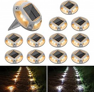 VOLISUN Solar Driveway Lights Dock Deck Lights 12 Pack,2 Colors in 1 Led IP67 Waterproof Outdoor Warning Step Lights for Driveway Sidewalk Pathway (White/Warm White)