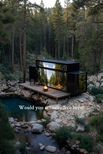 This cargo container tiny house is completely wrapped in high-resolution LED panels that can change color or display live images of the surrounding landscape. With one tap on a smartphone app, the exterior mirrors pine trees, sky, and terrain to blend into its environment. A modern container home design built on a concrete foundation with a covered porch, fire pit, and outdoor living space — pushing the future of smart architecture and off-grid living. If you like futuristic builds and wild desi