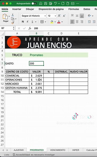 Como distribuir un valor entre otros con prorrateo. #Excel #trucosdeexcel