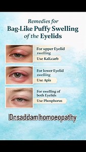 Aankhon ke upar ya neeche bag-like puffy swelling ho jana ek common problem hai, jo allergy, thakaan ya pani rukne ki wajah se hoti hai. Homeopathy mein iske liye safe aur effective remedies available hain: • Upper eyelid swelling – Kali Carb • Lower eyelid swelling – Apis • Dono eyelids ki swelling – Phosphorus Sahi medicine ka chunav symptoms ke base par hota hai. Self-medication se bachein, expert se salah lein. Natural • Gentle • Effective Homeopathy #Homeopathy #EyeSwelling #PuffyEyes #Eyel