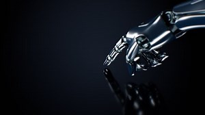 Robot Arm Touch the Screen Close-up 3d Animation Alpha Mask Z-Depth. Metal Finger Push Blue Virtual Glowing Button. Prosthetic Hand. Artificial Intelligence and Machine Learning Concept 4k 3840x2160.