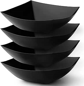 Posh Setting - Black Plastic Serving Bowls (32oz - 4 Pack) Square, Disposable, Salad & Fruit Bowls for Party Table, Candy Containers for Candy Buffet