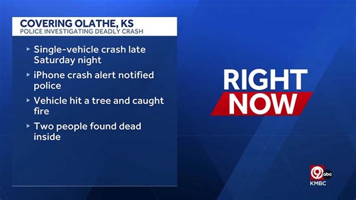 Two people killed in Olathe after vehicle crashes into tree and catches fire late Saturday