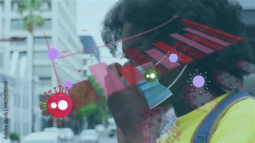 Animation of colourful squares over male rugby players at stadium