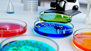 Colorful petri dishes with liquid samples in a laboratory setting, tubes and microscope on table for medical research. Stock Video