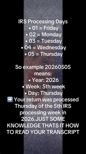 IRS Processing Days • 01 = Friday • 02 = Monday • 03 = Tuesday • 04 = Wednesday • 05 = Thursday So example 20260505 means: • Year: 2026 • Week: 5th week • Day: Thursday ➡️ Your return was processed Thursday of the 5th IRS processing week in 2026.JUST SOME KNOWLEDGE THATS IT HOW TO READ YOUR TRANSCRIPT. #fypシ #viral #yourfavoritetaxpreparer