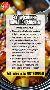Slow Cooker Hawaiian Chicken 🍍🍗🍚 Ingredients For the chicken base: 2 lbs boneless skinless chicken breasts or thighs 1 can (20 oz) pineapple chunks, with juice 1 small yellow onion, diced 1 green bell pepper, chopped (optional) For the sweet and tangy sauce: 1/2 cup BBQ sauce 1/4 cup soy sauce 1/4 cup brown sugar, packed 1 Tbsp rice vinegar 2 cloves garlic, minced 1 tsp fresh ginger, grated For garnish: Sliced green onions Fresh cilantro, chopped Toasted sesame seeds Serves: 6 Prep time: 15 m