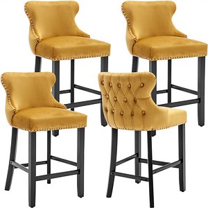 Bar Stool Set of 4, Legahome Bar Stools with Back, Velvet Upholstered Counter Height Bar Stool with Button Tufted & Wooden Legs, Kitchen Island Counter Height Chair with Footrest, Gold