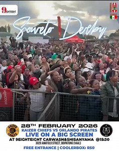 59 reactions · 7 comments | Get the best Soweto Derby experience on a bigscreen on the 28th Of February at 9EightEight carwash&shisanyama!!! FREE ENTRANCE COOLERBOX R50 | 9EightEight carwash&shisanyama | Facebook