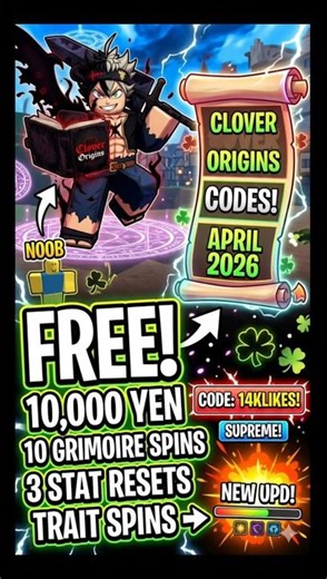 Clover Origins Codes (April 2026) #roblox #short #promocode