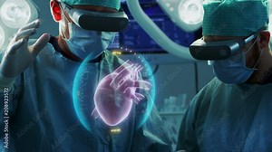 Surgeons Wearing Augmented Reality Glasses Perform Heart Surgery with Help of Animated 3D Heart Model. Doing Difficult Heart Transplant Operation Using Gestures. Shot on RED EPIC-W 8K. Stock Video