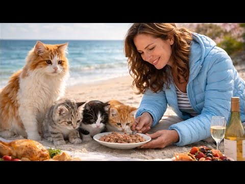 Kittens’ First Spring Meal by the Sea