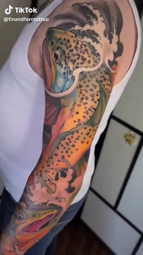 By your local fly fisherman @Ben Burlock 🎣 #trout #trouttattoo #fish #fishtattoo #tattoo #illustrativetattoo #colourtattoo #sleevetattoo #canmoretattoo #albertatattoo #tattooartist #terracebc #terracetattoo #canmore