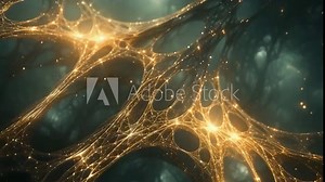 A simulated neural network visualization depicting glowing golden nodes connected by delicate fibers, set against a dark teal background. The intricate network suggests a complex web of connections,