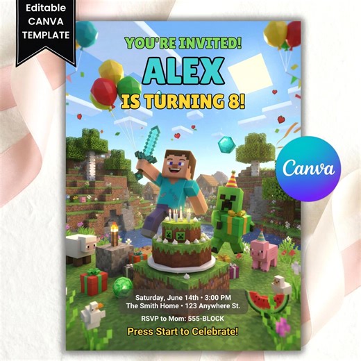 Minecraft Editable Birthday Canva Invitation Template | Minecraft Birthday Invite Template | Minecraft Birthday Invitation Instant Download - Etsy