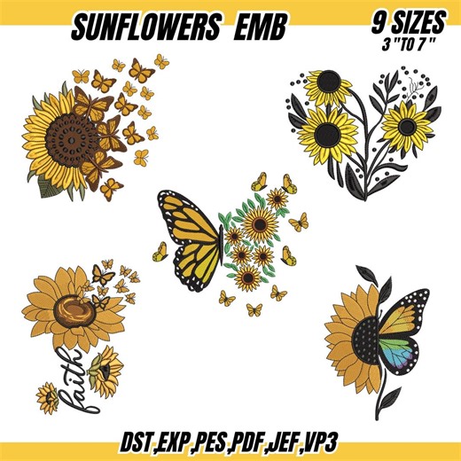 Sunflower Embroidery Design: Butterfly, Honeybee, Floral Garden (9 Sizes) (instant Download) - Etsy