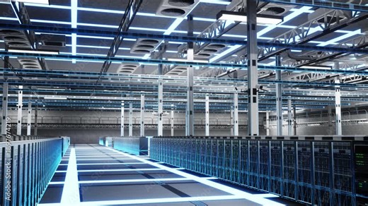 High tech server farm with next gen computing innovation, futuristic technology concept. Advanced data center system architecture electronics, digital twin scanning animation
