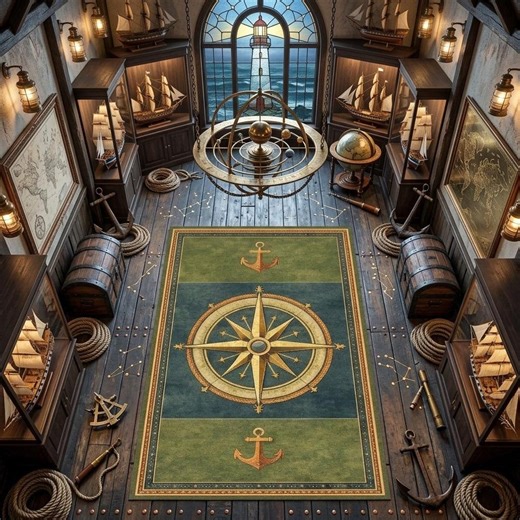 Nautical Compass Lighthouse Rug, Coastal Anchor Carpet, Vintage Maritime Decor Rug, Ocean Navigation Area Rug, Beach House Style - Etsy