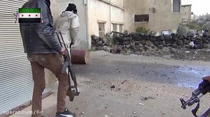 FSA fighter gets shot by SAA soldier. Al-Shaykh Maskin, Syria, 2016.