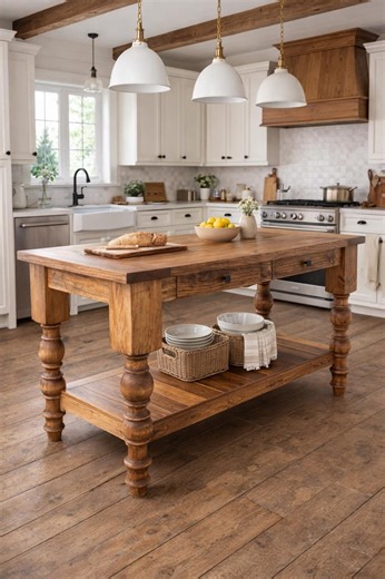 Kitchen Island Solid Wood Kitchen Work Table With Drawers Storage | Handcrafted Turned Legs Farmhouse Island | Rustic Prep Table - DASHA - Etsy