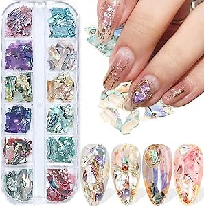 Abalone Seashell Nail Art Sequins, 3D Irregular Thin Nail Art Glitter Flakes Design, Mermaid Shell Slices Decorations UV Gel Shiny Accessories, Ocean Rivet Acrylic Nails Supplies for Women Girls