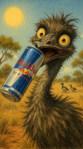 Now I know all our critters are usually pretty happy out here, but crikey Moses — old Ernie the emu was really setting the vibe this morning! Maybe he’s been listening to @redbullau saying “it gives you wings” and thought he’d test it out himself… @danielsanders_11 have you been down turbo charging my critters with redbull infused apples 🍏 mate 🤣 You see, Ernie was raised alongside ten baby wood ducks. And when those little legends grew up and flew off, poor Ernie was left behind — a big fligh