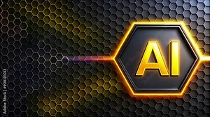 Neon AI text glowing on futuristic polygon and hexagon background, digital artificial intelligence banner.