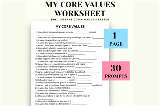 Core Values Therapy Worksheet, Self Discovery, Values Clarification (PDF) - Etsy