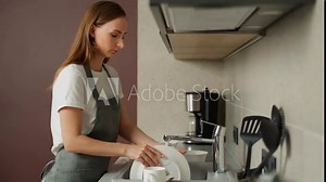 Beautiful woman washing dishes at the kitchen sink. Young woman in the kitchen
