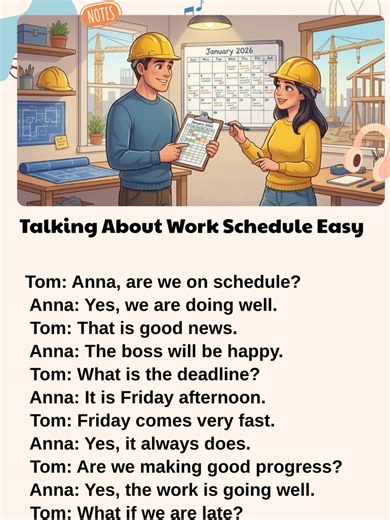 Talking About Work Schedule Easy#learnenglish #englishconversation #spokenenglish #dailyenglish Understanding schedules and deadlines is important at work. 😊 In this video, Tom and Anna talk about time and progress using easy English. ⏰📅 This dialogue is perfect for A1–A2 learners. You will learn useful phrases like “on schedule” and “behind schedule.” ✨ These are common at work meetings and on job sites. 📚💬 The conversation is clear, slow, and practical. 🎧 You can use these sentences in re