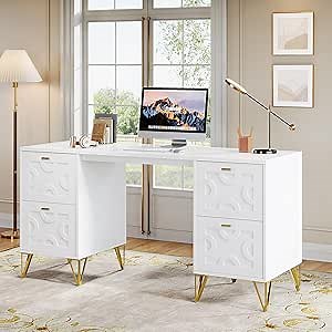 Tribesigns White Executive Desk 59" White and Gold Modern Desk with 4 File Drawers, Luxury Writing Table Elegant Computer Office Table, for Home Office Study Bedroom