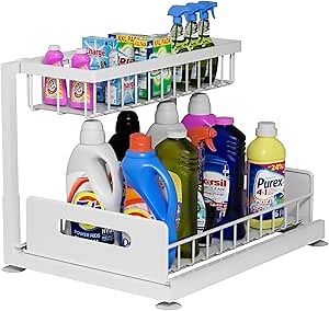 Lxmons 2-Tier Under Sink Slide Out Organizer, Pull Out Cabinet Storage Shelf with Sliding Wire Basket Drawer for Bathroom Kitchen, Countertop or Pantry Shelf, White