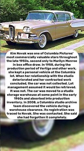 Kim Novak Left Her Car at Columbia Pictures in 1958 — Found in a Prop Warehouse 50 Years Later