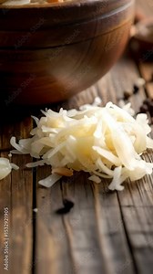 Freshly made sauerkraut in a wooden bowl with spices and garlic on a rustic table for a healthy vegetarian meal preparation