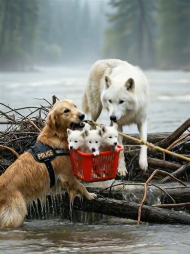 Heartwarming Rescue: Brave Golden Retriever Saves Wolf Pups from Flood Description: Witness the incredible moment a brave Police Golden Retriever and his handler spring into action to save a stranded mother wolf and her pups from a raging river. With the water rising fast, this hero dog swims through the flood to bring the baby wolves to safety in a heartwarming display of courage and interspecies friendship. If this rescue touched your heart, please LIKE and SUBSCRIBE for more amazing animal st