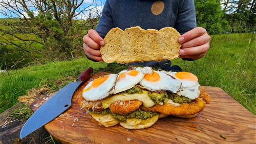 This is what a giant XXL pesto sandwich looks like cooked outdoors