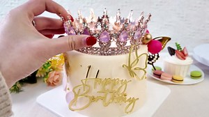 ZOYVUX Birthday Crown Cake Topper, Cake Decorations with Happy Birthday Cake Topper, Balls, Gold Butterflies, Corona Para Pastel for Women, Princess, Wedding Party Decor (Rose Gold & Pink)