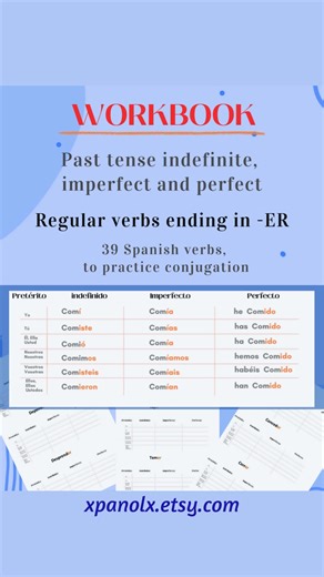 Workbook to practice Spanish PAST TENSE (ER) 🇪🇸📘 39 verbs in Spanish, to practice conjugation in Past tense indefinite, imperfect and perfect. https://xpanolx.etsy.com/listing/1718952974 Regular verbs ending in -ER 15 pages with blank tables to practice completing the conjugation of verbs, for each person, singular and plural, including the formal form used in Latin America. Printable PDF Cuaderno de ejercicios para practicar español🇪🇸📘 39 verbos en español, para practicar la conjugación e