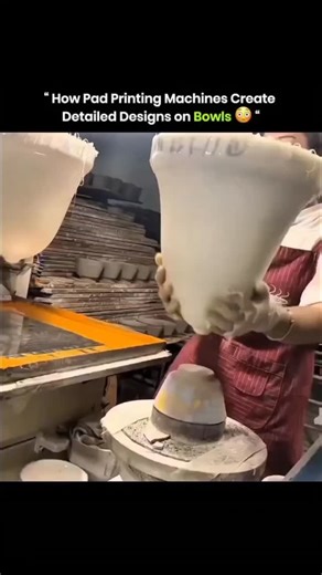 Loop knowledge on Instagram: "This machine prints intricate designs on bowls using pad printing. A silicone pad presses onto an ink plate and picks up the design. The pad transfers the design onto the bowl, stretching to fit curves so every detail stays accurate. This process allows factories to produce large batches of bowls with consistent, high-quality patterns. It works on uneven and curved surfaces, making it ideal for mass production of detailed designs. #innovation #technology #history #v