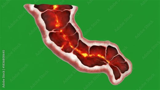 Illustration of the human colon with inflamed tissue and a central pathway of infection or disease.